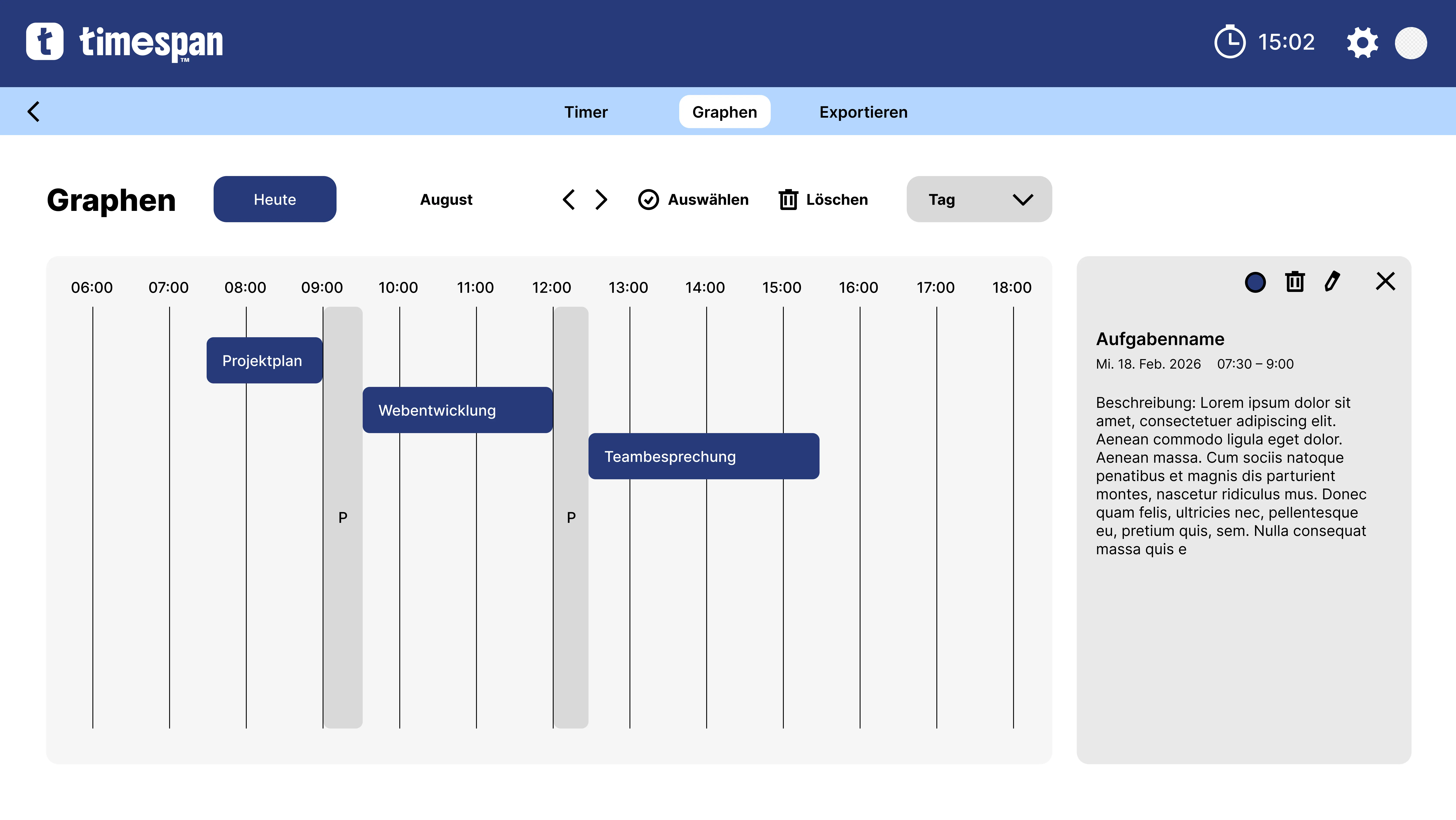Tagesansicht der Timespan Anwendung als Zeitstrahl-Diagramm